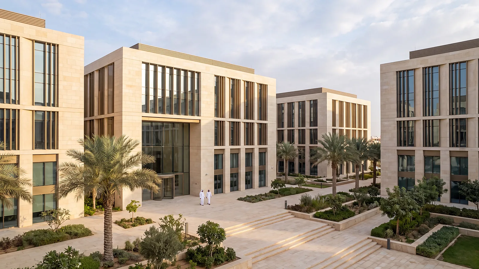 An office campus with landscaped courtyards on a clear morning