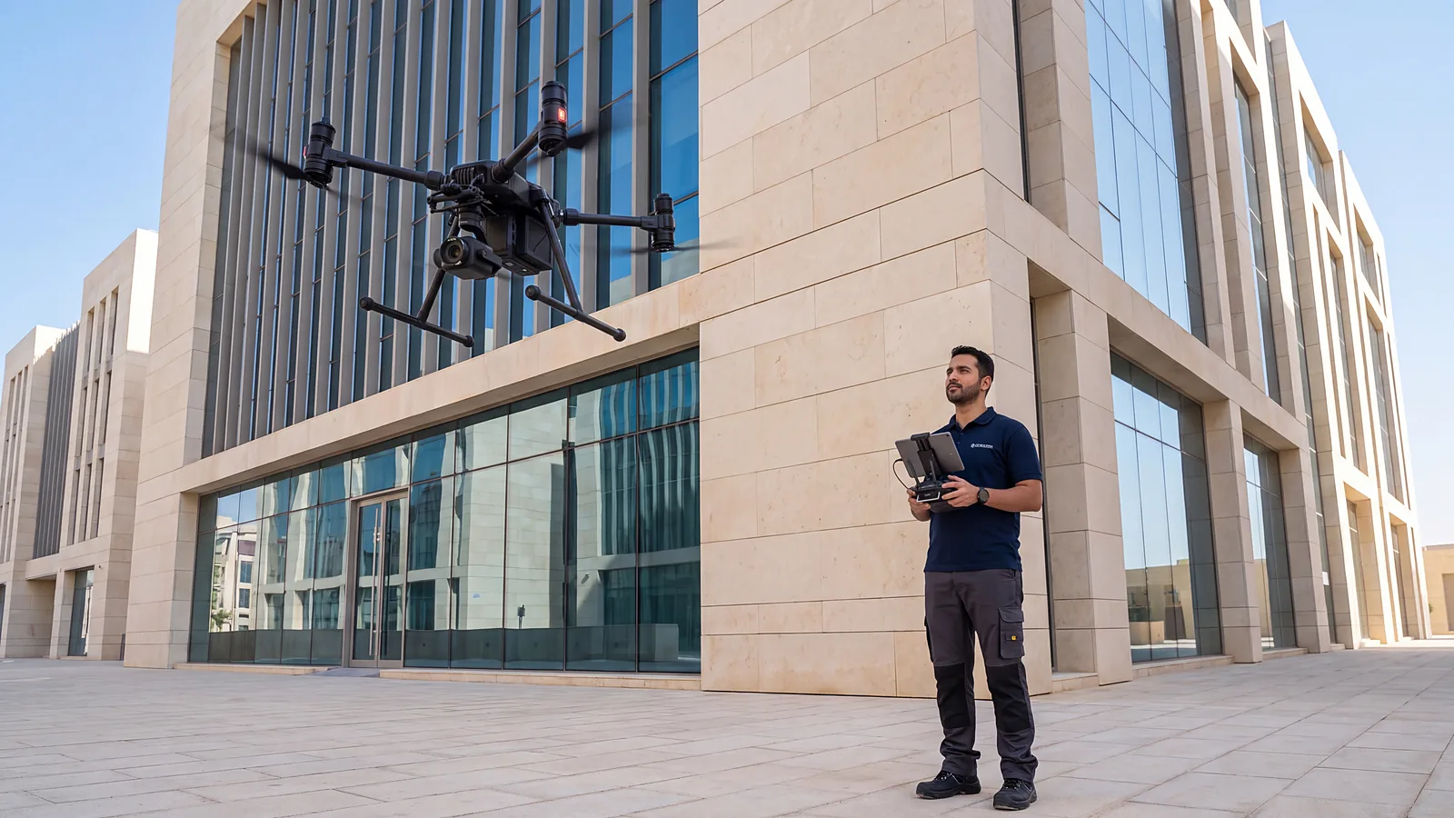 An inspector surveying a building facade with a drone